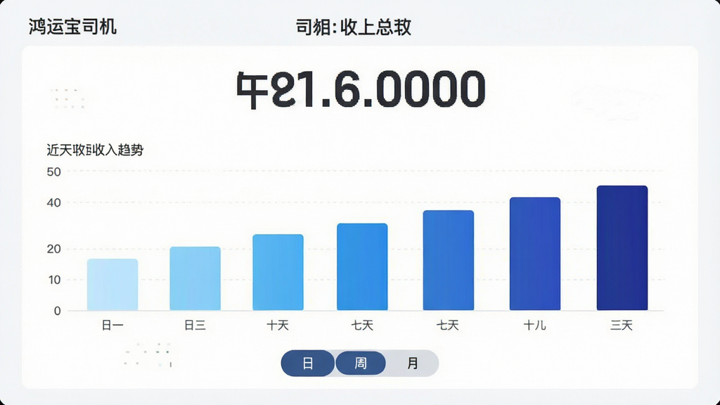 一张“鸿运宝司机”收入统计页面的图片,页面顶部用大号数字显示今日总收入,下方是一个彩色柱状图展示近七天的收入趋势,柱子颜色从浅蓝到深蓝渐变,底部有“日”“周”“月”切换按钮,整体布局清晰直观,风格现代简约,画质干净无多余元素