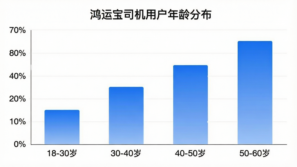 一张柱状图图片,展示“鸿运宝司机”用户年龄分布,横轴标注“18-30岁”“30-40岁”“40-50岁”“50-60岁”四个年龄段,纵轴显示百分比,柱子颜色为蓝色渐变,图表标题为“鸿运宝司机用户年龄分布”,整体风格简洁清晰,画质干净,无多余元素