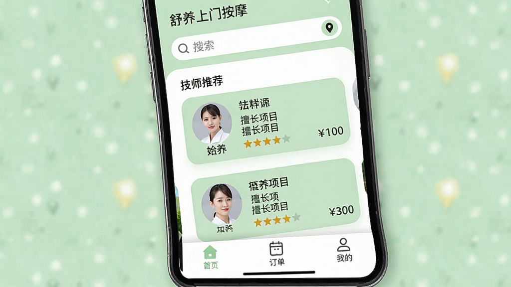 һ���ֻ���Ļչʾ�������Ű�ĦAPP��ҳ���棬�����ǳ��ж�λ�����������м��Ǽ�ʦ�Ƽ���Ƭ�б���ÿ����Ƭ������ʦͷ���������ó���Ŀ�����ֺͼ۸񣬵ײ�����������ҳ���������ҵ�����ѡ����������¼�࣬��ǳ��ɫ�Ͱ�ɫΪ��ɫ����Բ�ǿ�Ƭ��ƣ����ʸɾ��������޶���Ԫ��