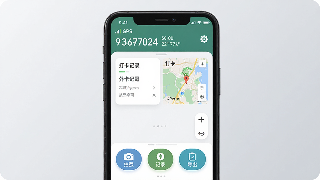 ����Ϊһ�������ֻ���Ļ��ʾ��ҵ�����������棬����Ϊ����״̬����ʾGPS�ź�ǿ�Ⱥ�������Ϣ���м��Ǵ򿨼�¼��Ƭ�͵�ͼ����ͼ���ײ������ա���¼�������������ܰ�ť���Ű���ֱ�ۣ����Ϊ�ִ���ƽ����ƣ�ϸ���ϰ�ťԲ�Ǵ�����ͼ�����������ʸɾ��޶���Ԫ�أ�����Ϊǳ��ɫ����