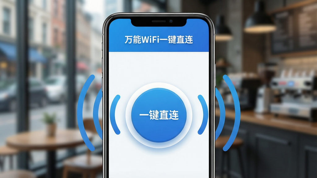 һ��չʾ������WiFiһ��ֱ�����������������ϸ��ͼ��ʾ�ʡ����壺һ���ִ������ֻ�����Ļ����ʾ�š�����WiFiһ��ֱ����App�Ľ��棬����������һ���޴��Բ�Ρ�һ��ֱ������ť����ť��Χ������WiFi�źŲ���ͼ�ꡣ���֣��ֻ����з��ã�������ģ���ĳ��п��ȹݻ������Ű棺������ʾ�������ơ�����WiFiһ��ֱ����������ִ���ƽ����ƣ��Ƽ������ɫΪ��ɫ����ϸ�ڣ���ť����΢�İ�ѹ��ӰЧ�����źŲ��Ƴ��ֶ�̬�С����ʣ�4K�����壬����ɾ����޶���Ԫ�ء�