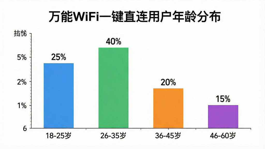 һ��չʾ������WiFiһ��ֱ�����û�����ֲ�����״ͼ��ͼ��ʾ�ʡ����壺һ����ɫ����״ͼ������������Σ��������û�ռ�ȡ����֣�ͼ�����У�ռ�ݻ������塣�Ű棺ͼ���Ϸ��б��⡰����WiFiһ��ֱ���û�����ֲ����������ע��18-25�ꡱ����26-35�ꡱ����36-45�ꡱ����46-60�ꡱ����񣺱�ƽ������ͼ�����ϸ�ڣ���״ͼ��ɫ�ֱ�Ϊ�����̡��ȡ��ϣ�ÿ�������Ϸ��о���İٷֱ����֣�����25%��40%��20%��15%�������ʣ����壬ͼ���������޶��౳����