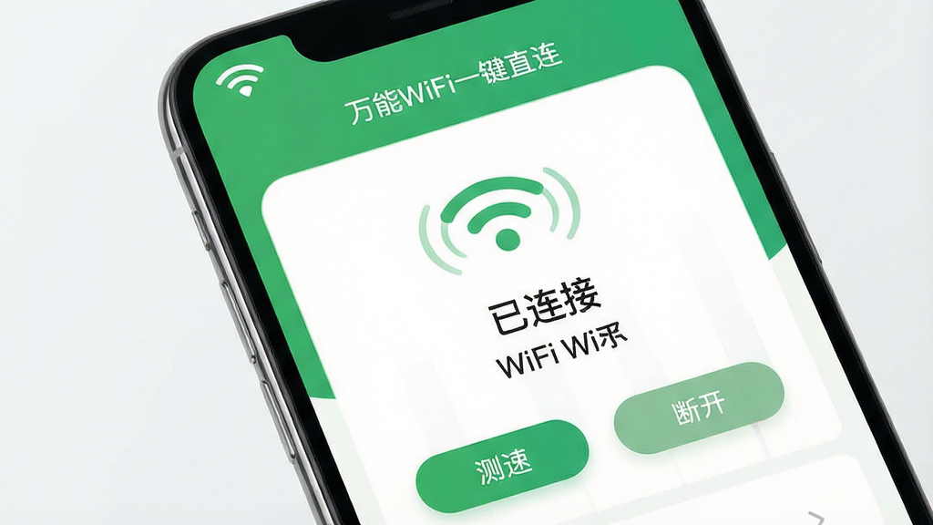 һ��չʾ������WiFiһ��ֱ�������ֻ��ϳɹ�����WiFi����ʾ�����źŵ���ͼ��ʾ�ʡ����壺�ֻ���Ļ����״̬����ʾWiFiͼ��������Ļ�м��ǡ�����WiFiһ��ֱ�����������ӽ��档���֣��ֻ�������д���Ű棺����������ʾ�������ӡ��͵�ǰWiFi���ƣ��·��С����١��͡��Ͽ���������ť��������¼�Լ�磬��ɫ�Ͱ�ɫΪ����ϸ�ڣ�WiFi�ź�ͼ���ж�̬���ƣ���ť��Բ����ơ����ʣ����壬����ɾ����޶���Ԫ�ء�