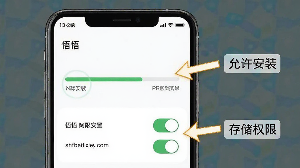 һ��չʾ������APP���ֻ��ϰ�װ��Ȩ�����ý����ʾ��ͼ������������һ���ֻ�����Ļ����ʾ��װ��������Ȩ�޿��ذ�ť���Ա��м�ͷָ��������װ���͡��洢Ȩ�ޡ��ı�ע������������ˣ����ʸɾ����޶���װ�Ρ�