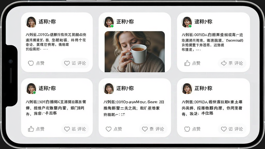 ů��app��̬�㳡���棬�ֻ���Ļ��ʾ�û�������ͼ�Ķ�̬��Ƭ��ÿ�ſ�Ƭ����ͷ���ǳơ��������ݺ͵������۰�ť������Ϊǳ��ɫ����ƬΪ��ɫԲ�Ǿ��Σ������ˬ�ɾ����������룬���������޶���Ԫ��