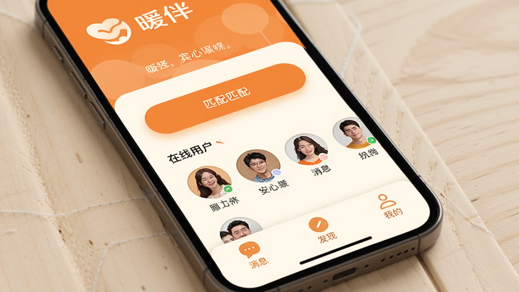 �ֻ���Ļչʾů��app�����棬������ů��ɫ���װ�ɫΪ��ɫ����������ʾů��logo���ʺ���м���ƥ�䰴ť�������û�ͷ���б����ײ�Ϊ��Ϣ�����֡��ҵ�����ѡ������岼�ּ����ů������ִ���ƽ����ϸ��Բ����ͣ����ʸɾ������޶���Ԫ��