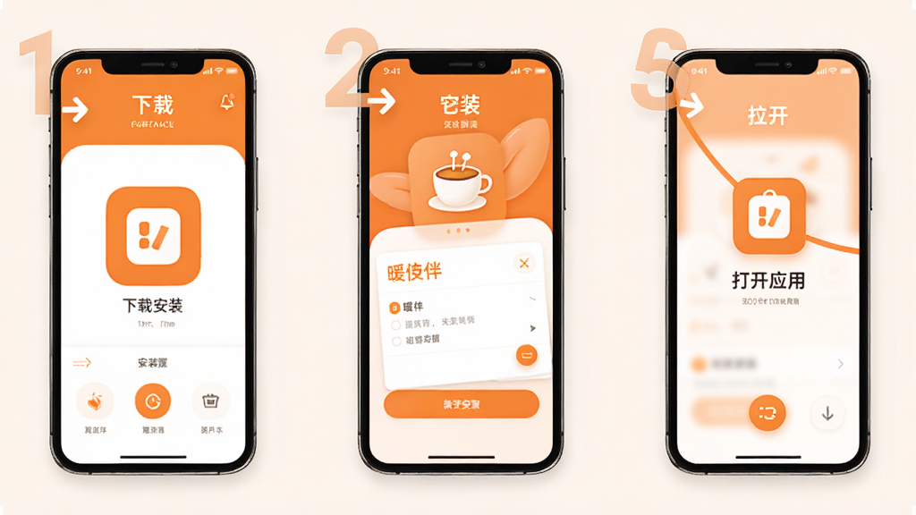ů��app��װ����ʾ��ͼ���ֻ���Ļչʾ�����ذ�װ���������װ�ٵ���Ӧ�õ��������軭�棬����Ϊů��ɫ�Ͱ�ɫ���䣬�������ֱ�ע�����������ֱ�ۣ����ʸɾ��޶���Ԫ��