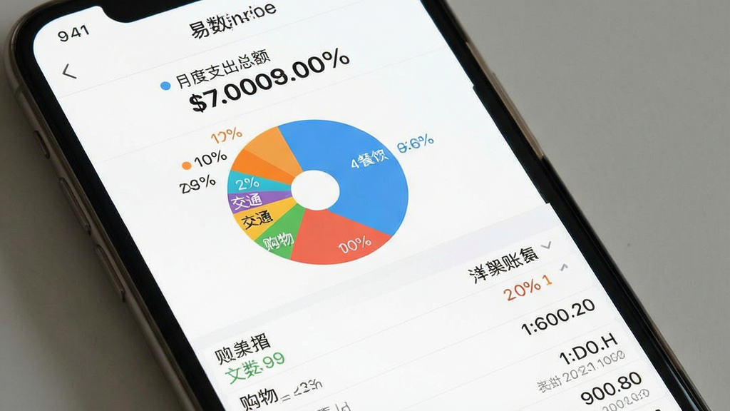 一张手机屏幕截图,画面展示“易数通”的生活记账界面,顶部显示月度支出总额,中间是彩色饼状图展示餐饮、交通、购物等分类占比,底部是详细的账单列表,整体布局清晰,风格现代扁平,文字标签明确,画质干净,无多余元素