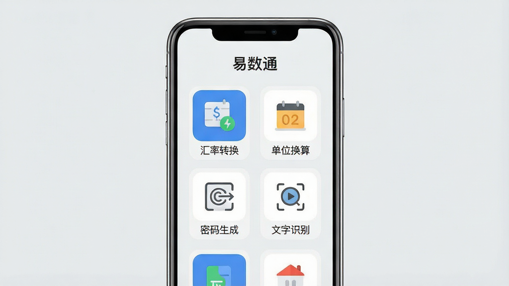 一张手机应用界面展示图,画面中央是“易数通”的实用小工具合集页面,屏幕上排列着汇率转换、单位换算、密码生成、文字识别等工具图标,布局整齐,风格简约,背景为浅灰色,画质干净,无多余元素