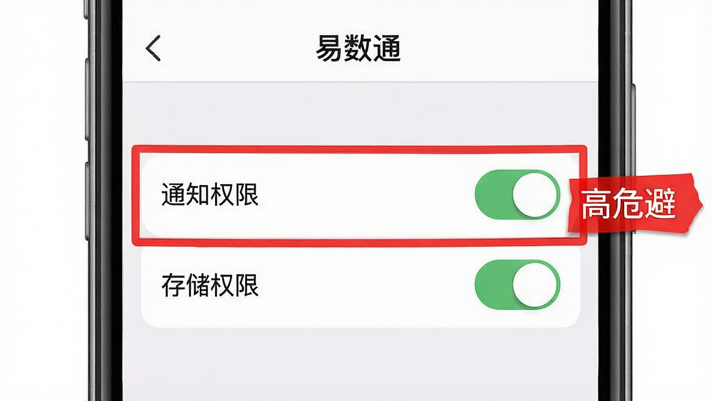一张手机屏幕截图,画面展示“易数通”的设置页面,高亮显示通知权限和存储权限的开关按钮,旁边有红色标注提示“高危避坑”,整体布局清晰,风格现代扁平,画质干净,无多余元素