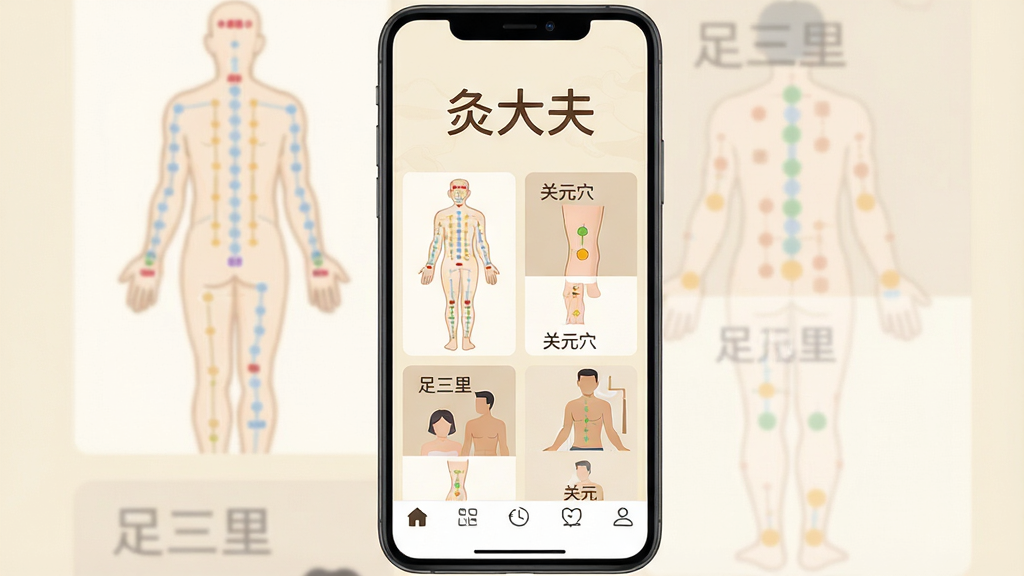 һ�������ֻ�Ӧ�ý���չʾͼ�����������ǾĴ����������ҳ������Ϊ���ŵ��׻�ɫ����ҳ�����С��Ĵ���������֣��·�����������Ѩλͼ�Ͱ��Ľ̵̳Ŀ�Ƭ����Ƭ����Լ�ɼ������������ԪѨ�������֣�����ײ����������ͼ�꣬������ƽ�����ʸɾ��������޶���Ԫ��