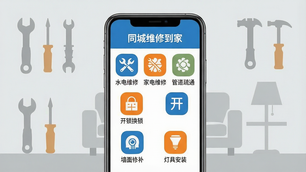 һ��չʾͬ��ά�޵���APP�������ҳ���ͼƬ������������һ�������ֻ�����Ļ��ʾ��ͬ��ά�޵��ҡ��ķ���������񣬰���ˮ��ά�ޡ��ҵ�ά�ޡ��ܵ���ͨ������������ǽ���޲����ƾ߰�װ��ͼ�ꡣÿ��ͼ���·������ֱ�ǩ��������ǳ��ɫ�Ҿӳ������й��߼�Ӱװ�Ρ�����ƽ������ɫ�ͳ�ɫ��׺���������룬���ʸɾ����޶���Ԫ�ء�