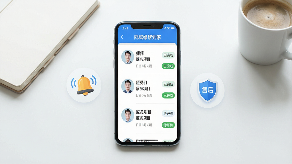 һ��չʾͬ��ά�޵���APP������¼ҳ���ͼƬ������������һ�������ֻ�����Ļ��ʾ��ͬ��ά�޵��ҡ��Ķ����б���ÿ��������ʦ��ͷ�񡢷�����Ŀ�����ں�״̬��ǩ�硰����ɡ��������ۡ����ֻ��Ա���һ��С����ͼ����ۺ����ͼ�ꡣ�����Ǹɾ������棬�бʼǱ��Ϳ��ȱ�������ִ���Լ����ɫ��ɫ���������������޶���Ԫ�ء�
