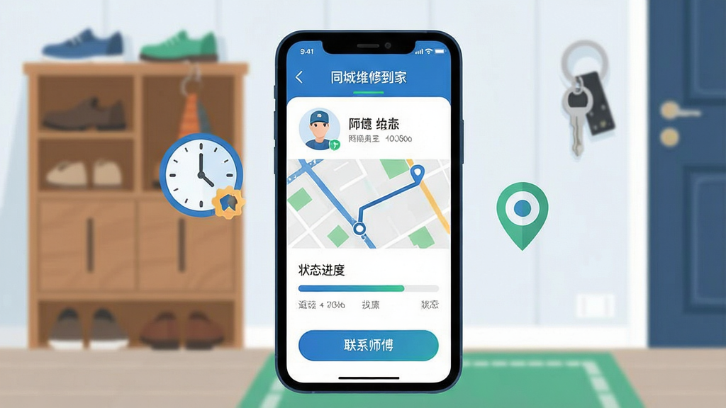 һ��չʾͬ��ά�޵���APP�������ٽ����ͼƬ������������һ�������ֻ�����Ļ��ʾ��ͬ��ά�޵��ҡ��Ķ�������ҳ����ʦ��ͷ�񡢵�ͼ�켣��״̬����������ϵʦ����ť���ֻ��Ա���һ��ʱ��ͼ��Ͷ�λͼ�ꡣ�����Ǽ�ͥ���س�������Ь���Կ���̡�����ִ���ƽ����ɫ����ɫ��׺�����ʸɾ����޶���Ԫ�ء�