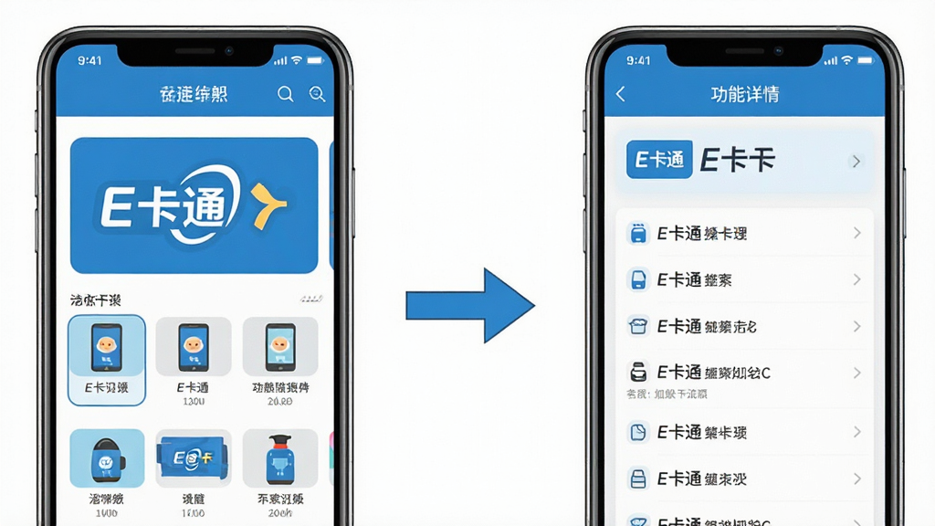 һ��չʾE��ͨApp�������̵�ʾ��ͼ�����������һ���ֻ���ʾ��ҳ���Ҳ�����һ���ֻ���ʾ��������ҳ���м��ü��ļ�ͷ���ӱ�ʾ�������裬�����ֻ���Ļ��������ʾE��ͨ���棬�������ƽ������ɫͳһΪ���׵��������ɾ�������������������Ԫ��