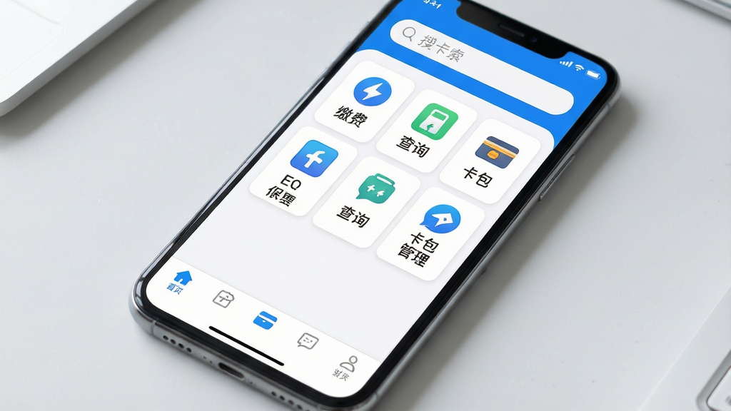 һ��չʾE��ͨApp���Ĺ��ܵ��ֻ������ͼ������������һ���ִ������ֻ�����Ļ��ʾE��ͨ��ҳ�棬���������������м��������������Ÿ����������ͼ�꣬�����ɷѡ���ѯ�����������ȣ��ײ������������ɼ���������ɫ������Ϊ�����������ˬ������Ϊ�ɾ���ǳ��ɫ���棬���ʸ��壬�����������޶���Ԫ��