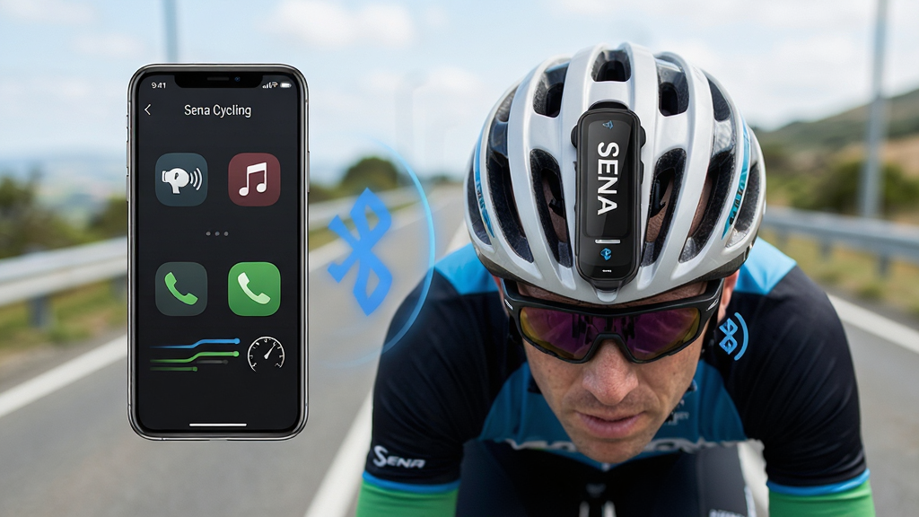 һ��չʾSena Cycling��������ȫò�ĳ���ͼ��������һ�������ߴ���ͷ���ڹ�·�����У�ͷ���ϰ�װ��Sena�����豸���Ա�����һ���ֻ���Ļ����Ļ����ʾ��Sena Cycling�ļ����棬�����Խ������֡��绰����ͼ�꣬�����������Ű���У�����ִ��Ƽ��У�ϸ�ڴ����������Ӳ��ƺ��ٶ����������������ɾ����޶���Ԫ�ء�