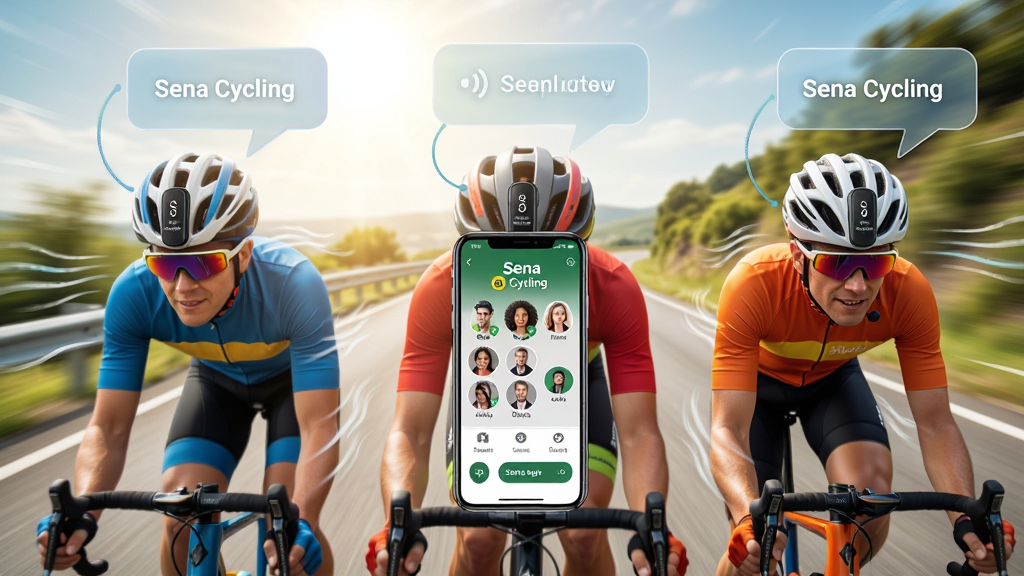 һ��չʾSena Cycling���˶Խ����ܵ�AI��ͼ���������������������߲��������ڹ�·�ϣ�ÿ����ͷ���϶���Sena�����豸��ͷ���Ϸ��а�͸�����������ݺ������������ֻ���Ļ�����ڻ���������ʾSena Cycling��Ⱥ��Խ����棬���ֶԳƣ���������˶���ϸ�����ٶȸкͷ������������ʸɾ��޶���Ԫ�ء�
