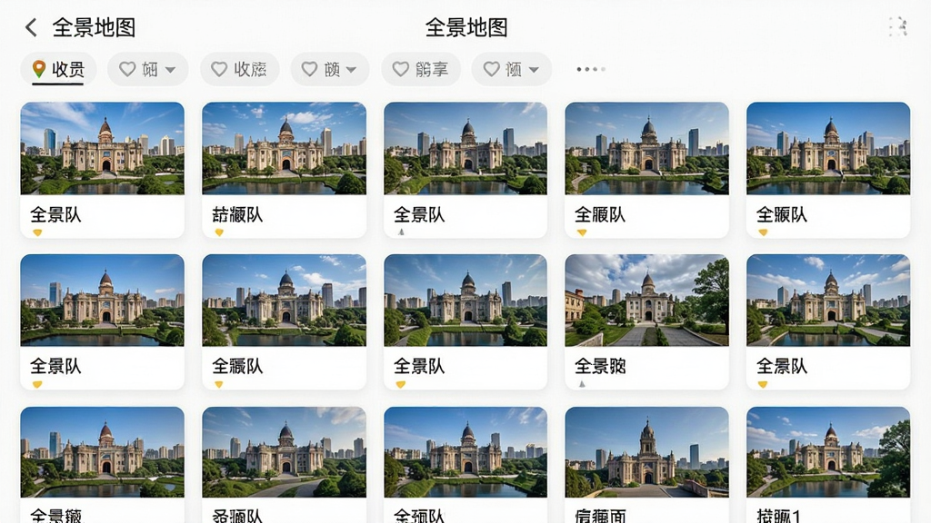 ȫ����ͼApp���ղؼн��棬������ʾ����ص㿨Ƭ��������ʽ���У�ÿ����Ƭ������ͼ�����ƣ������з���ɸѡ��ǩ����������죬�������������ʸɾ��޶���Ԫ�أ�ͼƬ�д����֡�ȫ����ͼ��