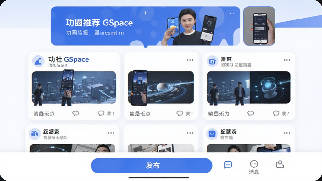 ����GSpace Ӧ��������չʾ�����岼���������Ϸ���Ȧ���Ƽ�������м��ǿ�Ƭʽ���������·��Ƿ�����ť����Ϣ��ڣ�����������Ϊ��ɫ������ƽ����Ʒ��ϸ��Բ�󣬻��ʸɾ����޶���Ԫ��