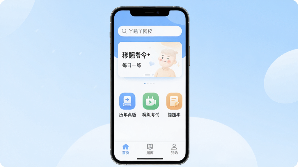 �ֻ���Ļ����չʾ��Ѿ��Ѿ��У��App�����棬�����������·���ÿ��һ����Ƭ���м��������������⡢ģ�⿼�ԡ����Ȿ�����������ͼ�꣬�ײ�������Ϊ��ҳ����⡢�ҵ�������ǩ������Ϊ����ɫ���䣬������ִ���ƽ����ͼ��Բ�����������ʸɾ��޶���Ԫ��