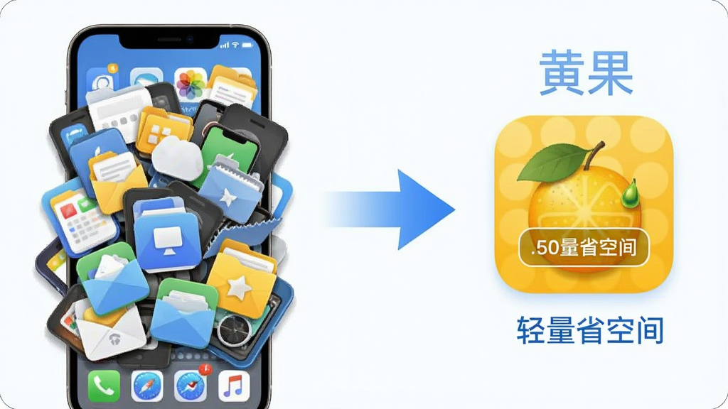 一张展示手机存储空间释放的示意图,画面左侧是一个拥挤杂乱的手机文件图标堆叠场景,右侧是黄果APP图标旁边显示释放出大量空间,画面中间用箭头过渡,风格简洁科技感,色调蓝白为主,文字标注“黄果”和“轻量省空间”,画质干净无多余元素。
