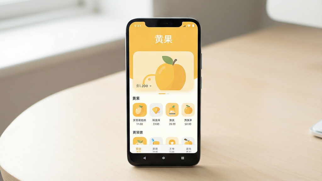 一张干净简洁的手机应用界面展示图,画面中心是一部安卓手机,屏幕上显示黄果APP的主界面,界面顶部有“黄果”字样,整体布局清晰,色调以柔和的暖黄色和白色为主,风格现代扁平化,细节圆润,画质清晰干净,无多余元素,背景为简约的浅色桌面环境,自然光照射,突出手机屏幕内容。