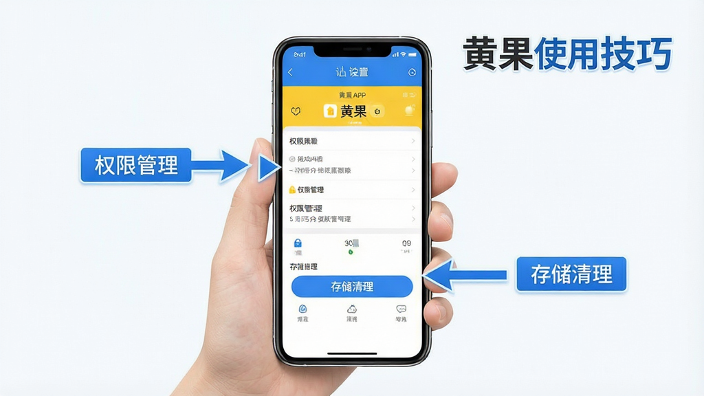 一张手机操作指引示意图,画面中一只手拿着手机,屏幕上显示黄果APP的设置界面,旁边有箭头指向“权限管理”和“存储清理”按钮,画面风格简洁明快,色调以蓝白为主,文字标注“黄果 使用技巧”,画质清晰干净,无多余元素。