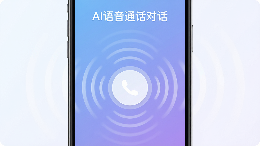 AI����ͨ���Ի�����������չʾ���ֻ���Ļ������ʾһ��Բ��ͨ����ť����Χ������������ɢ�Ķ���Ч������������͵�����ɫ���䣬������ʾ