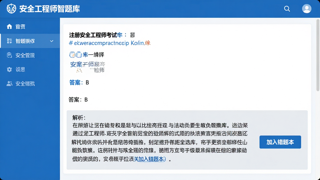 安全工程师智题库的题库界面,画面中央是一道注册安全工程师考试选择题,下方显示“答案:B”和详细文字解析,解析区域用浅灰色背景区分,右侧有“加入错题本”按钮,整体风格简洁专业,蓝白配色,文字清晰,画质干净无多余元素。