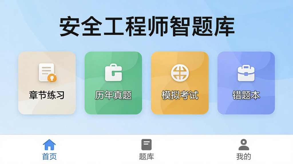 安全工程师智题库App主界面展示,顶部显示“安全工程师智题库”字样,中间是章节练习、历年真题、模拟考试、错题本四个功能卡片,底部导航栏为首页、题库、我的三个选项卡,背景为浅蓝色渐变,整体布局简洁清晰,风格现代扁平化,文字标签明确,画质干净无多余元素。