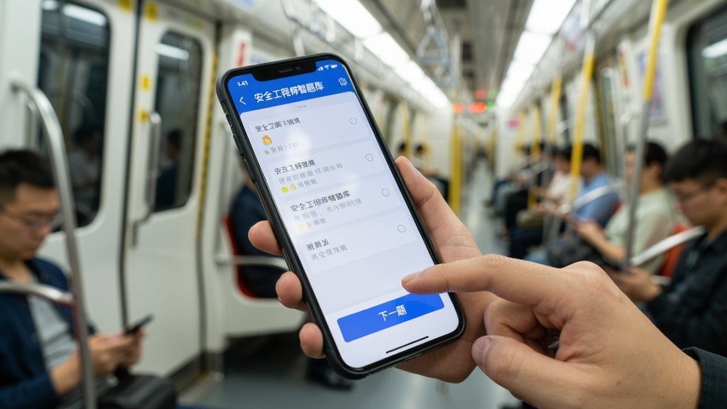 安全工程师智题库手机端刷题操作演示,画面中一只手拿着手机,屏幕显示安全工程师智题库的做题界面,手指正在点击“下一题”按钮,背景是地铁车厢,整体风格生活化,光线明亮,画质干净无多余元素。