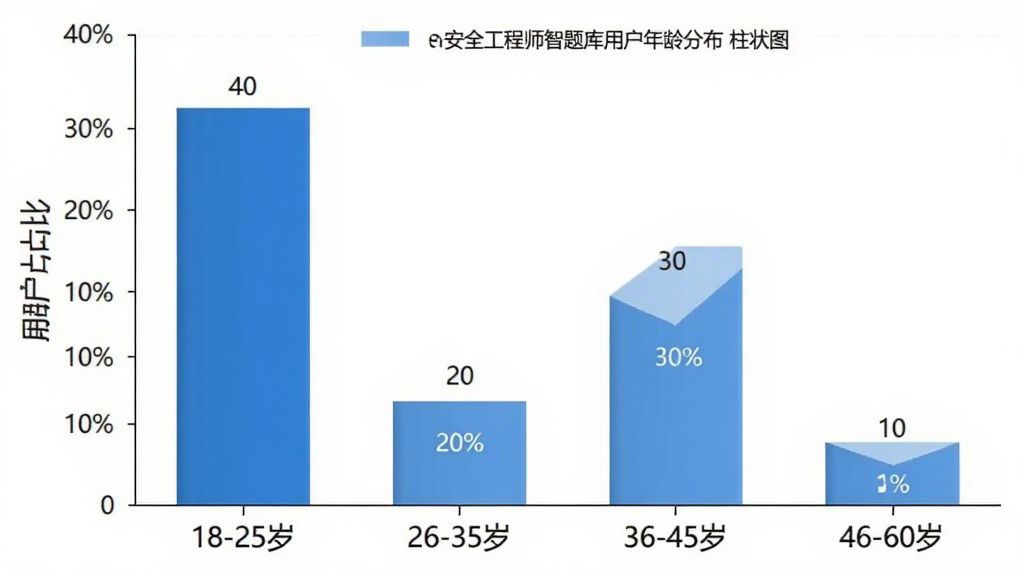 安全工程师智题库用户年龄分布柱状图,横轴为年龄段“18-25岁”“26-35岁”“36-45岁”“46-60岁”,纵轴为用户占比,柱状图显示26-35岁占比最高约40%,36-45岁约30%,18-25岁约20%,46-60岁约10%,配色为蓝色系,图表清晰,画质干净无多余元素。