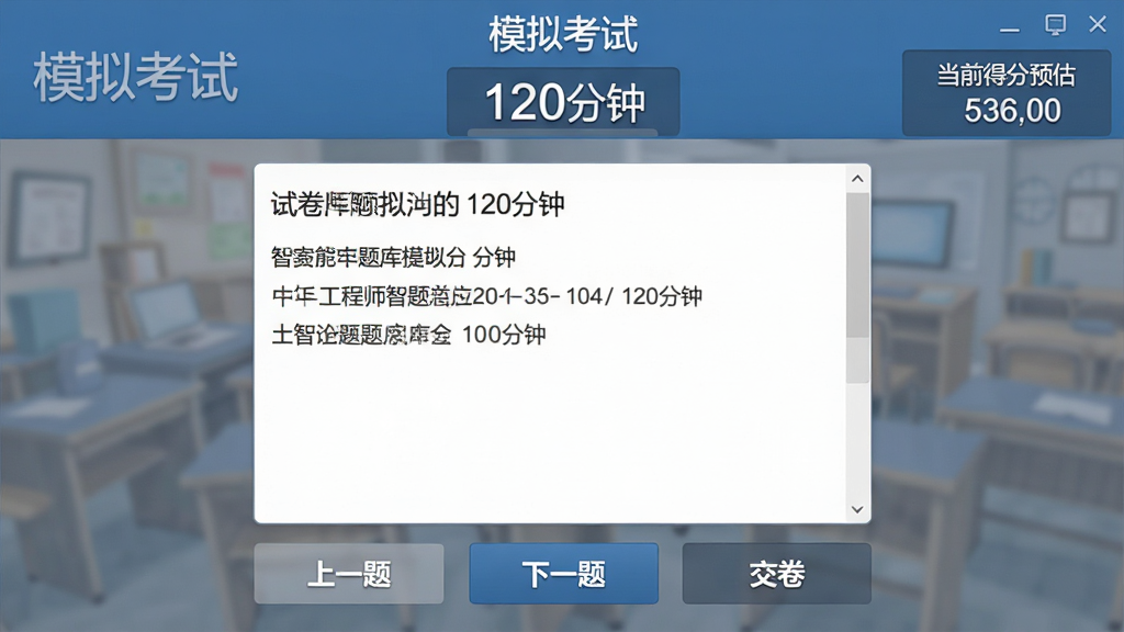 安全工程师智题库模拟考试界面,顶部显示“模拟考试”和倒计时“120分钟”,中间是试卷题目区域,底部有“上一题”“下一题”“交卷”按钮,页面右上角显示当前得分预估,整体布局模拟真实考场风格,蓝灰配色,文字清晰,画质干净无多余元素。