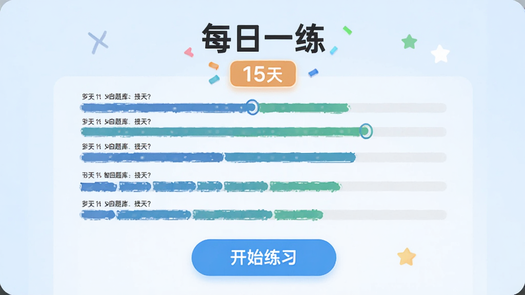 安全工程师智题库每日一练打卡界面,顶部显示“每日一练”和连续打卡“15天”标识,中间是十道题目的进度条,底部有“开始练习”按钮,背景为淡蓝色,整体风格轻松活泼,文字清晰,画质干净无多余元素。