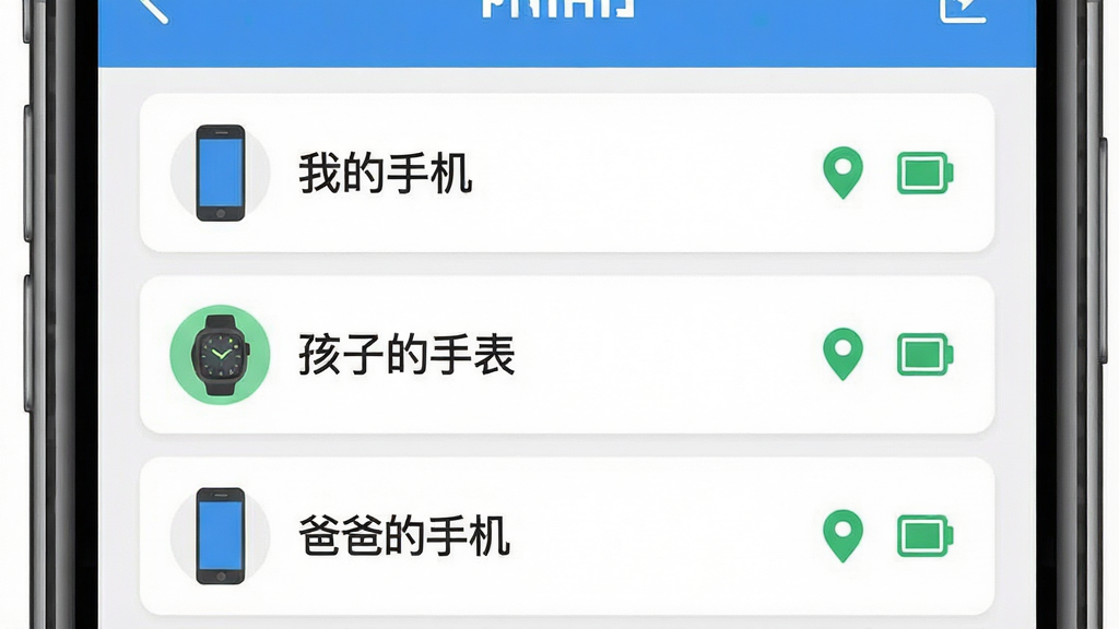 һ��չʾѰ�ٶ�λ���豸�������ܵ�ͼƬ���������ֻ���Ļ��ʾ�豸�б�ҳ�棬�б����������豸��Ŀ���ֱ��ע���ҵ��ֻ��������ӵ��ֱ������ְֵ��ֻ�����ÿ����Ŀ�Ҳ���λ��״̬�͵���ͼ�꣬���岼�����룬����ִ���ƽ�����ʸɾ��޶���Ԫ��