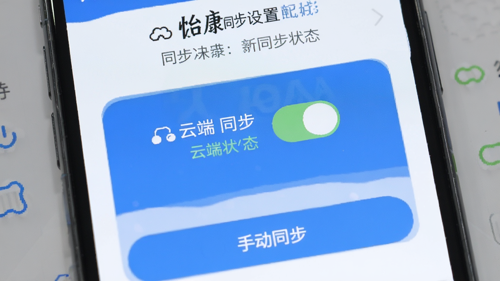 ���� APP����ͬ�����ý��棬�ֻ���Ļ��ʾ�ƶ�ͬ�����غ��ֶ�ͬ����ť�������࣬��ͬ��״̬��ʾ���֣�������ɫ�����ʸɾ�