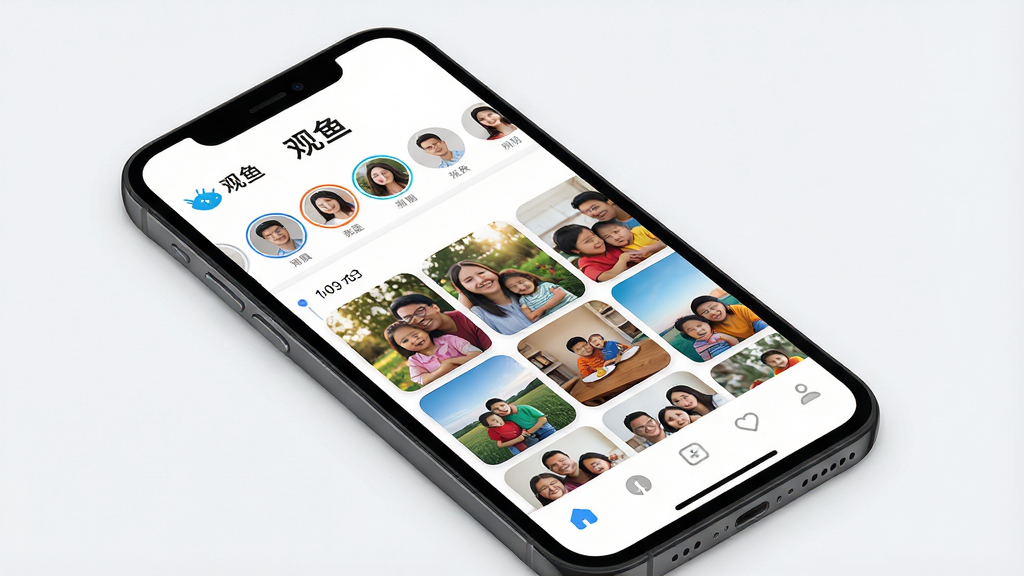 һ��չʾ��ͥ�������App�����㡱���Ľ�����ֻ�����ͼ���������ֻ���Ļ����ʾ���ʱ���߲��֣��Ϸ��С����㡱App���ƺ�logo��ʶ�����ַ�Ϊ������ͥȺ��ͷ�������в���Ƭ���������ײ����������Ű�������������ִ���ƽ����ƣ�ϸ������Ƭ����ͼɫ�ʷḻ��Բ�ǿ�Ƭ��ƣ����ʸ���ɾ����޶���Ԫ��