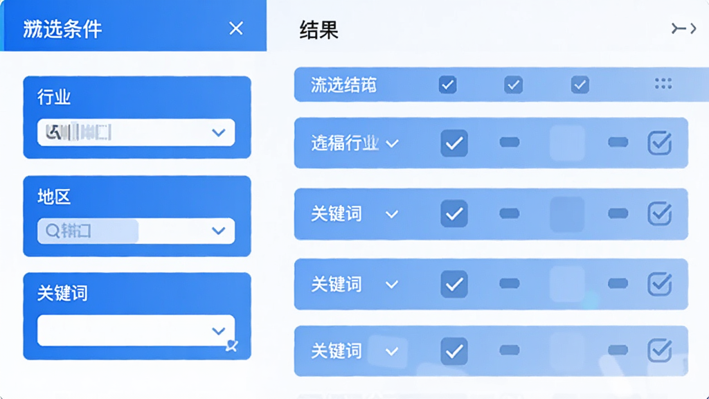 һ���Ƽ��е�����ɸѡ���棬�����ɸѡ�������д�š���ҵ�������������ؼ��ʡ����Ҳ���ɸѡ����б���ÿ������Ա��жԹ���ǣ���������ɫ�Ͱ�ɫ����������������ƽ����ƣ����ʸɾ��޶���Ԫ��