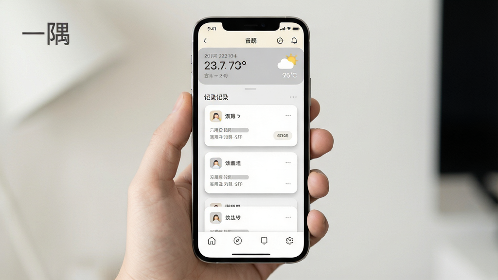 һ������������ȫòչʾ������Ϊһ���ֻ���Ļ����Ļ����ʾһ��App����ҳ������Ϊ�����������������м��ǿ�Ƭʽ��¼�����ײ�Ϊ�ĸ����ͼ�꣬�Ű��������׶࣬���Ϊ��������ϵ��ϸ���Ͽ�Ƭ����΢��Ӱ��Բ�ǣ�����ɫΪ�װ���ǳ�ң����������ɾ����޶���Ԫ�أ������а������֡�һ�硱��