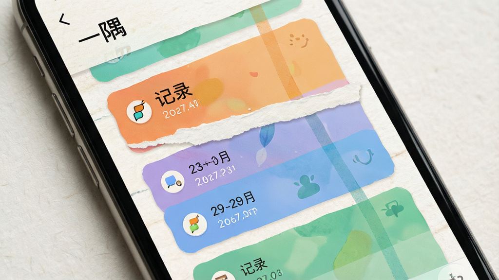 һ��App�ļ�¼��������д������Ϊ�ֻ���Ļ����Ļ����ʾ������ɫ��Ƭ��¼������Ϊ��ֱ�б����Ű�������£����Ϊ�������˷磬ϸ����ÿ�ſ�Ƭ����Сͼ������ڣ������е�����ֽ�����������ʸɾ��������а������֡�һ�硱�͡���¼����