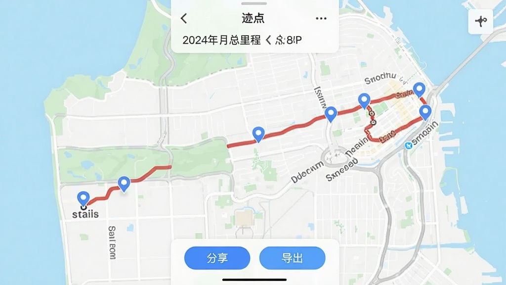 �ֻ�Ӧ�ý����ͼ��񣬻���չʾ�����㡹�Ĺ켣��¼����ҳ����ͼ����һ������㵽�յ�ĺ�ɫ�켣�ߣ���;�ж����ɫԲ����ͣ��λ�ã�ҳ�涥����ʾ���ں�����̣��ײ��С�����������������ť�����岼������������ִ���Լ�����ʸɾ������ֱ�ǩ�����ɱ棬�޶���Ԫ��