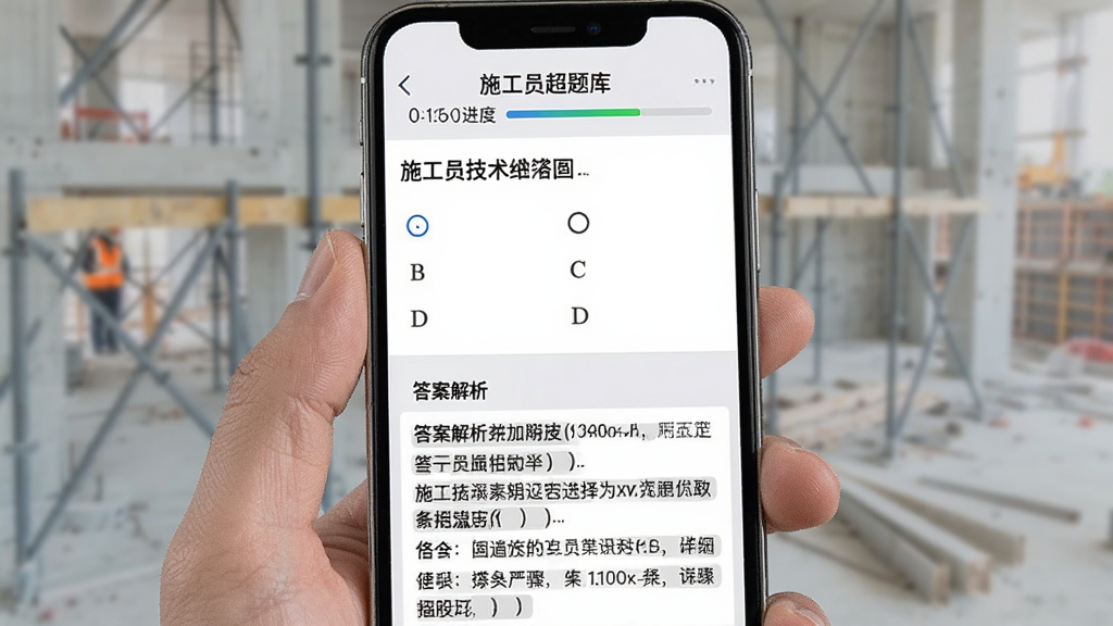 一张手机屏幕展示施工员超题库的答题界面,中间是一道关于施工技术的选择题,选项A、B、C、D排列整齐,下方有答案解析区域显示详细步骤,顶部有倒计时和进度条,背景是浅灰色,文字清晰易读,风格简洁专业,画质干净无多余元素