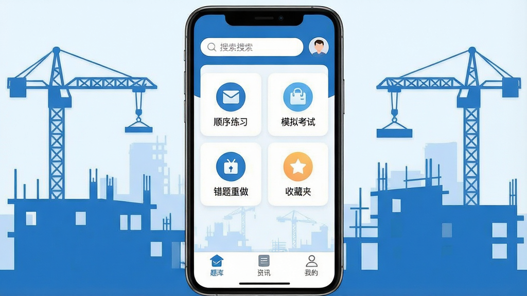 一张手机屏幕展示施工员超题库APP主界面,顶部有搜索栏和用户头像,中间是功能模块入口包括顺序练习、模拟考试、错题重做、收藏夹,底部有题库、资讯、我的三个选项卡,整体以工程蓝和白色为主色调,背景是简洁的工地剪影,风格现代扁平化,图标圆润,文字标注清晰,画质干净无多余元素