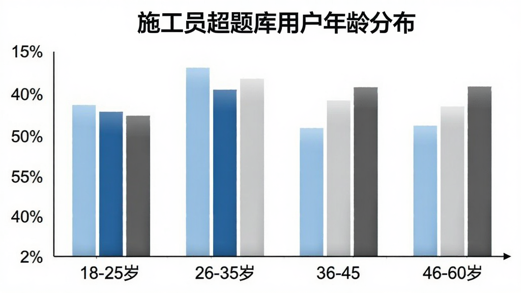 一张柱状图展示施工员超题库用户年龄分布,横轴为18-25岁、26-35岁、36-45岁、46-60岁四个年龄段,纵轴为用户占比百分比,柱状图颜色分别为浅蓝、深蓝、浅灰、深灰,图表标题为“施工员超题库用户年龄分布”,背景为白色,文字清晰,风格简洁,画质干净无多余元素