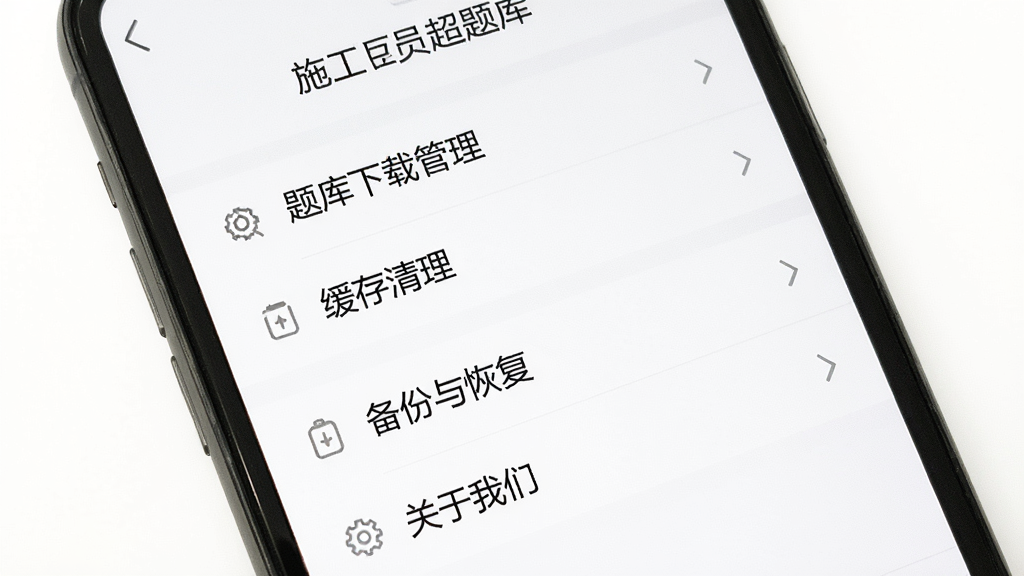 一张手机屏幕展示施工员超题库的设置界面,包含题库下载管理、缓存清理、备份与恢复、关于我们等选项,界面简洁,文字清晰,背景为白色,风格扁平化,画质干净无多余元素