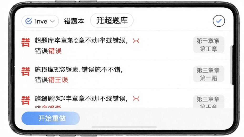 一张手机屏幕展示施工员超题库的错题本界面,列表显示多道错题,每道题旁边有红色错误标记和章节标签,顶部有筛选按钮,底部有开始重做按钮,背景为白色,文字清晰,风格简洁,画质干净无多余元素
