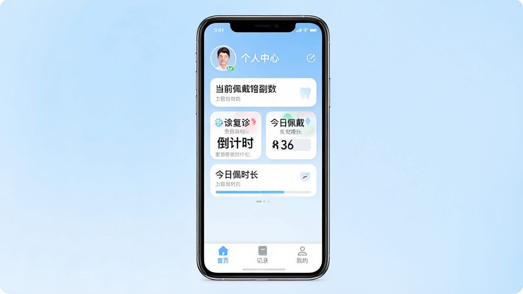 ����ҽ�� �ֻ�Ӧ�ý���չʾ������Ϊһ�����������ֻ�����Ļ��ʾ����ҽ��App�����棬����Ϊ������������ͷ��͵�ǰ������׸������м俨Ƭʽչʾ���ﵹ��ʱ�ͽ������ʱ�����ײ�������Ϊ��ҳ����¼���ҵ�����ѡ�������Ϊǳ��ɫ�������Ű���ɾ���ϸ��ͼ��Բ���ִ������ʸ����޶���Ԫ��