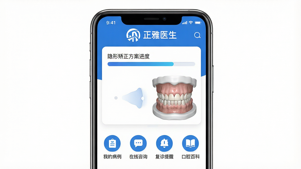 ����ҽ��App�������ͼ���ֻ���Ļ����չʾ����ɫ������������ʾ������ҽ����App���ƺ����ųݿ�Logo���м����������ν���������������3D����ģ��Ԥ��ͼ���·����С��ҵĲ�������������ѯ�����������ѡ�����ǻ�ٿơ��ĸ�����ͼ�꣬���岼������������ִ�ҽ�Ƽ��磬��ɫΪ��ɫ����ϸ��Բ�󣬻��ʸɾ��޶���Ԫ��