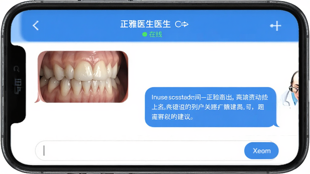 ����ҽ��App������ѯ������棬�ֻ���Ļ��ʾ�Ի����ݣ�����û�����������Ƭ���Ҳ�ҽ���ظ����ֽ��飬������ʾҽ������������״̬���ײ��������ͷ��Ͱ�ť�����������Ѻã�������ɫ����������������Ԫ��